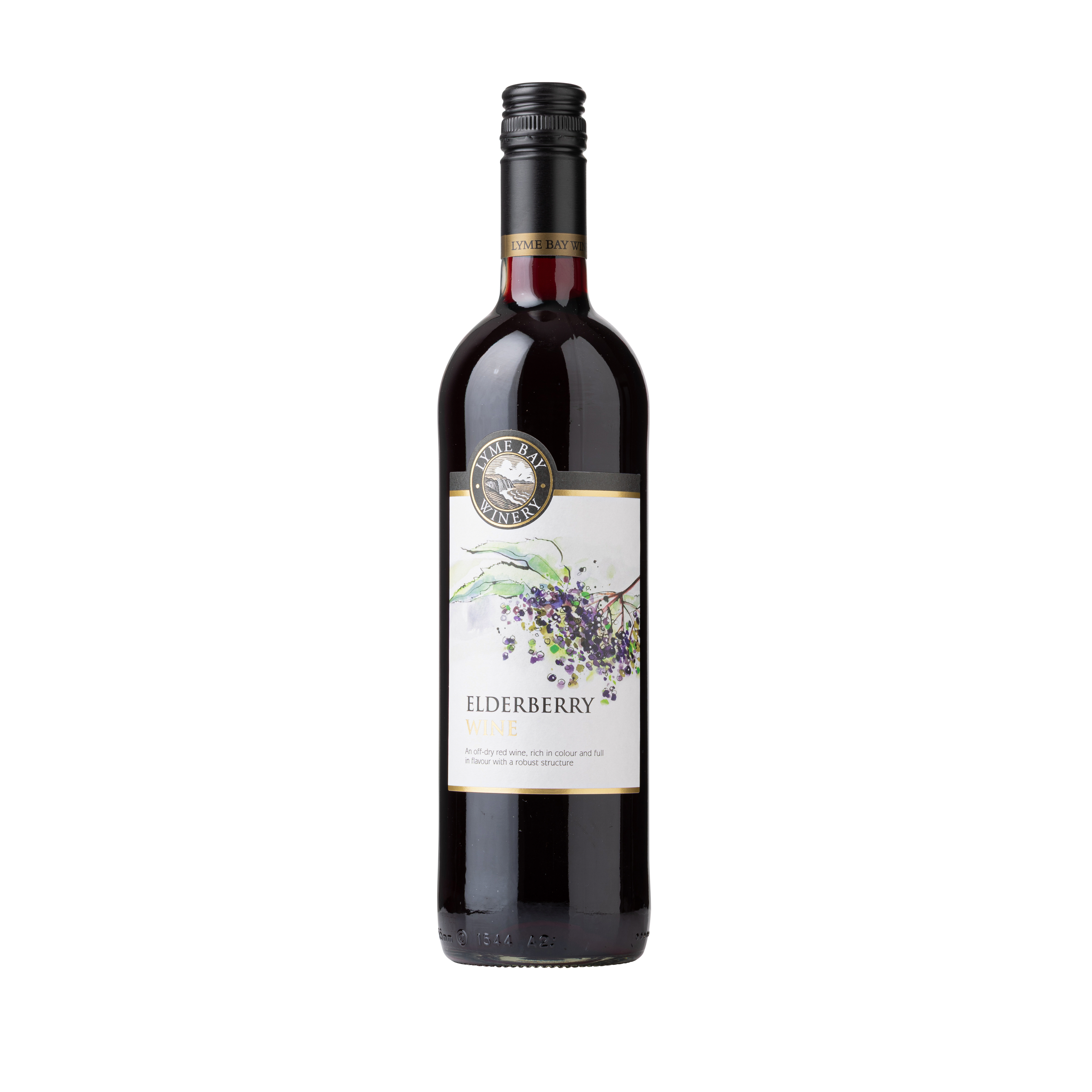 Front of a bottle of elderberry wine