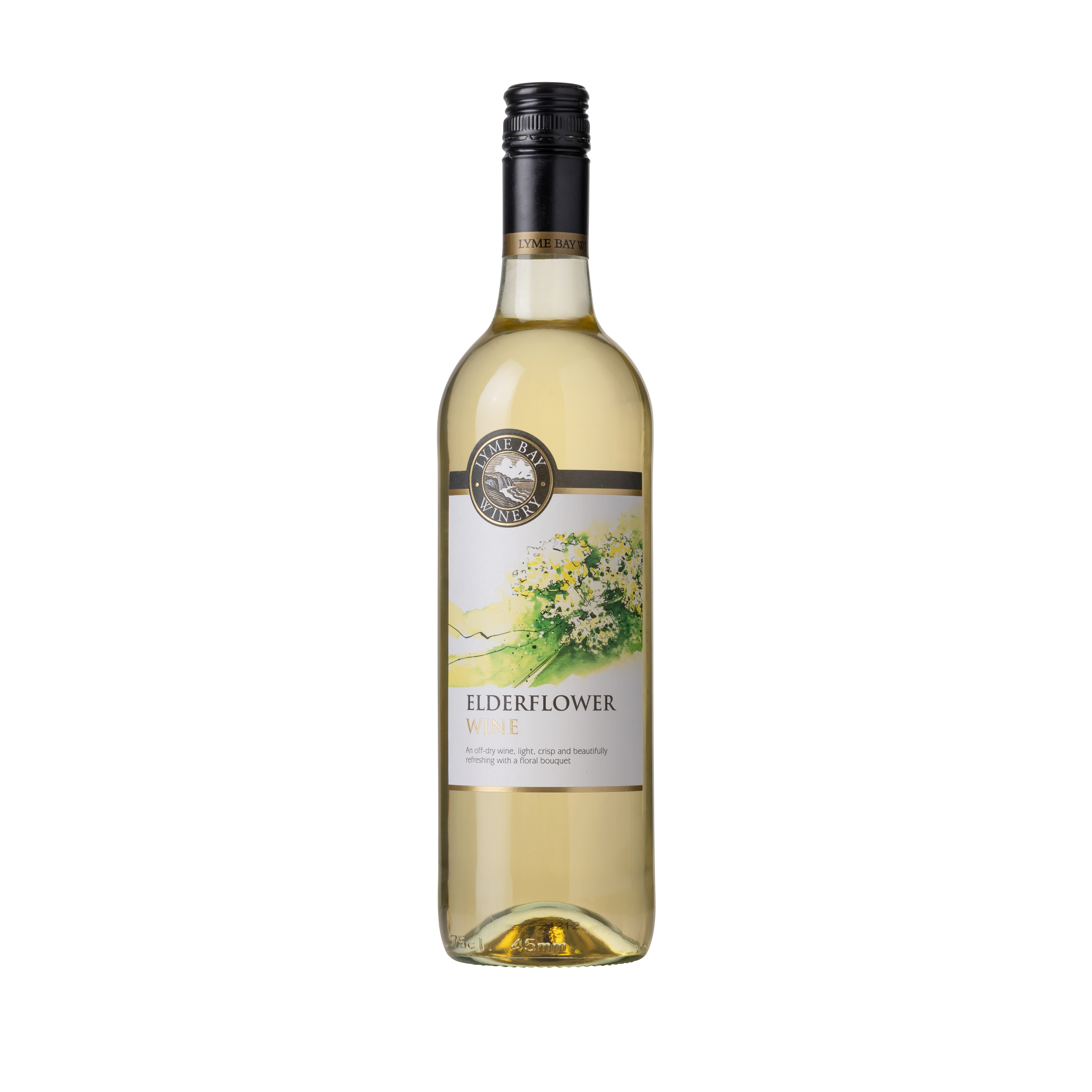 Front of a bottle of Elderflower wine