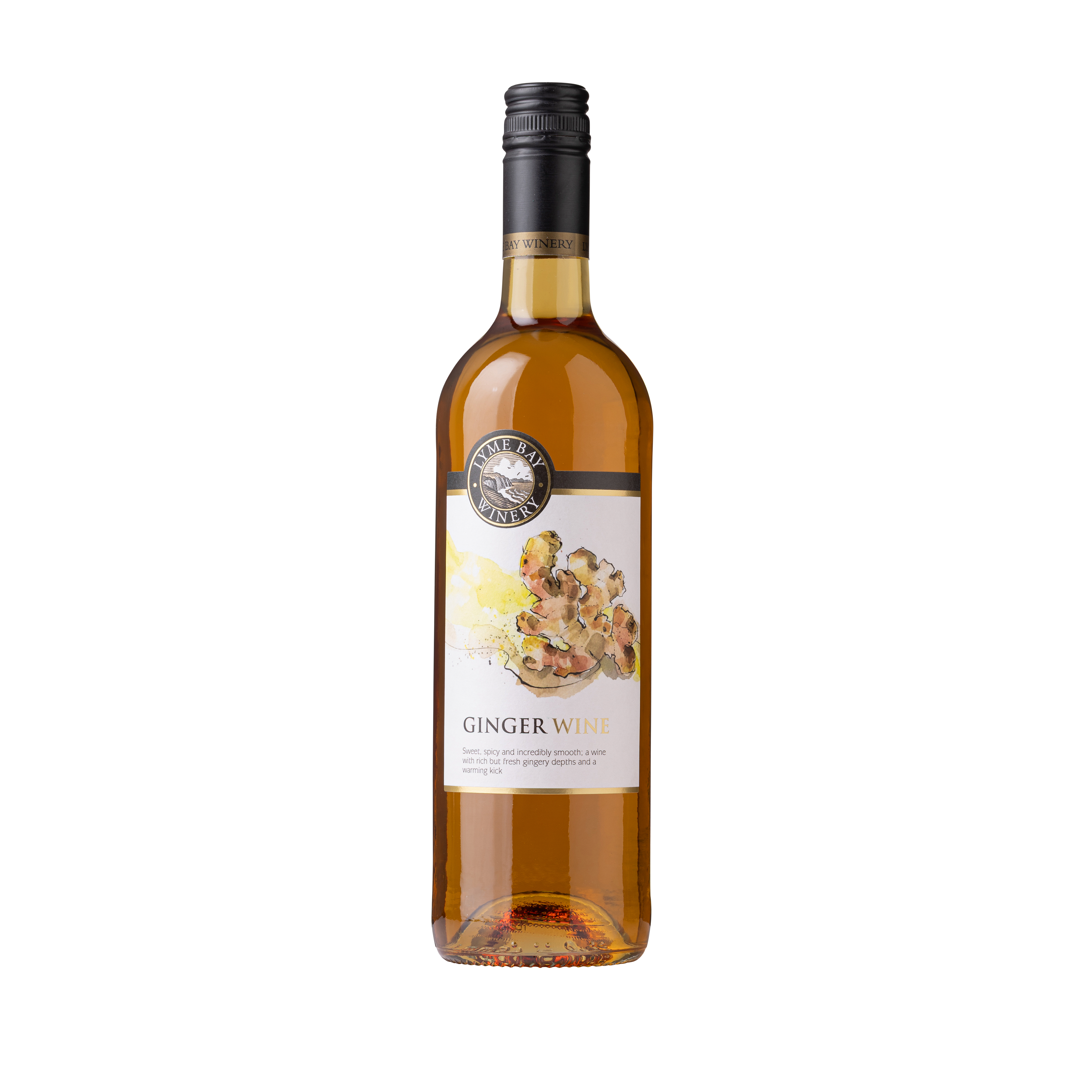 Front of a bottle of Ginger wine