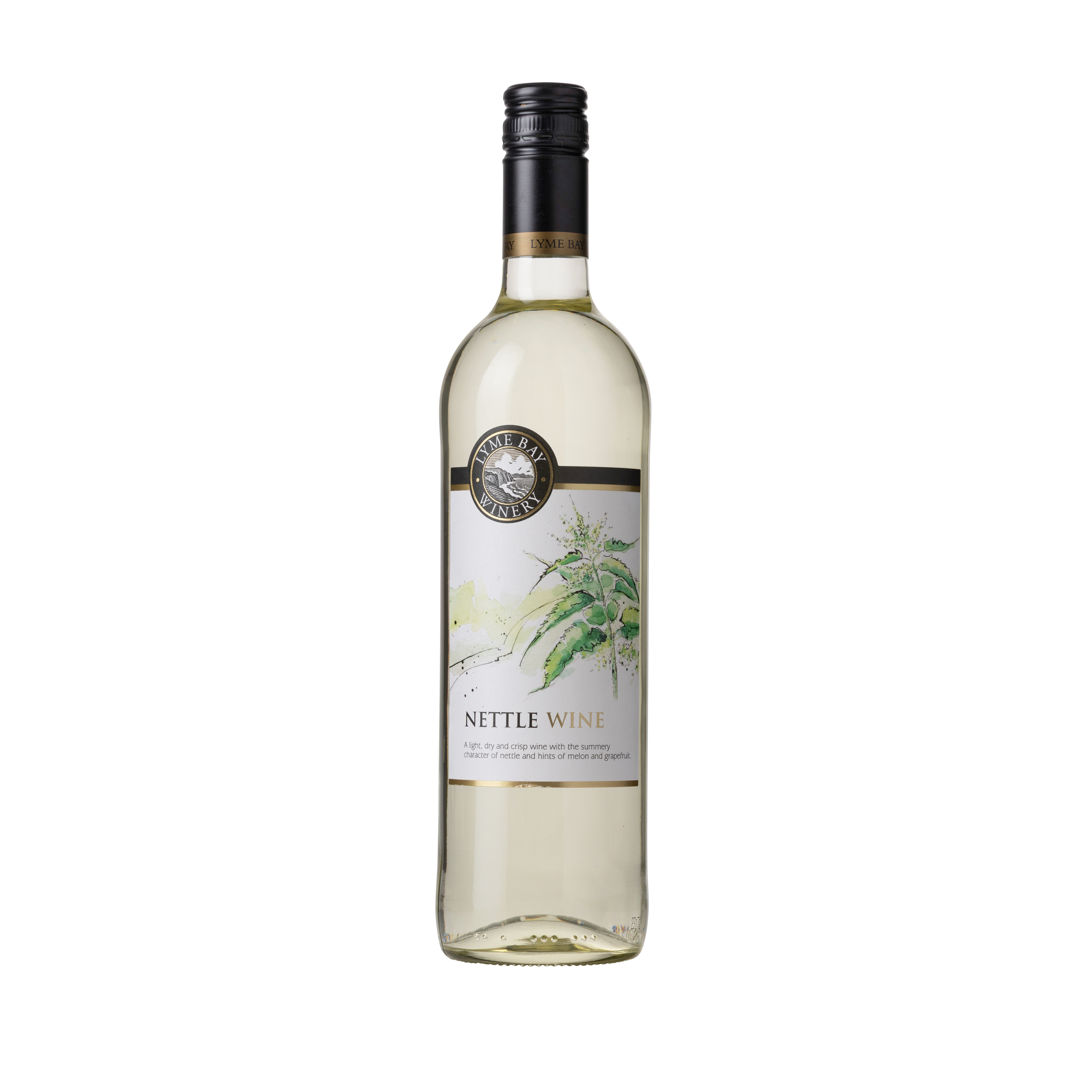 Front of a bottle of nettle wine