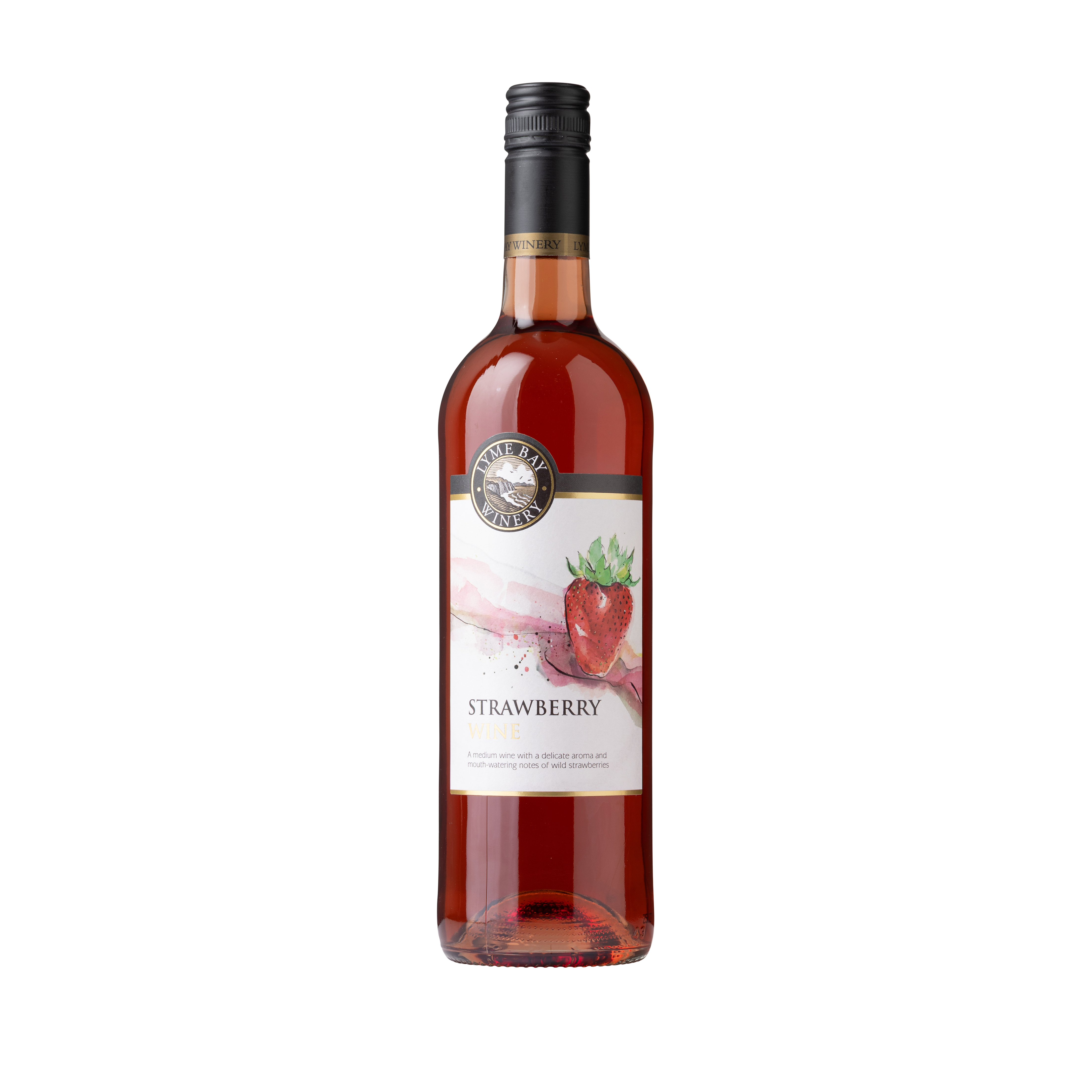 Front of a bottle of Strawberry wine