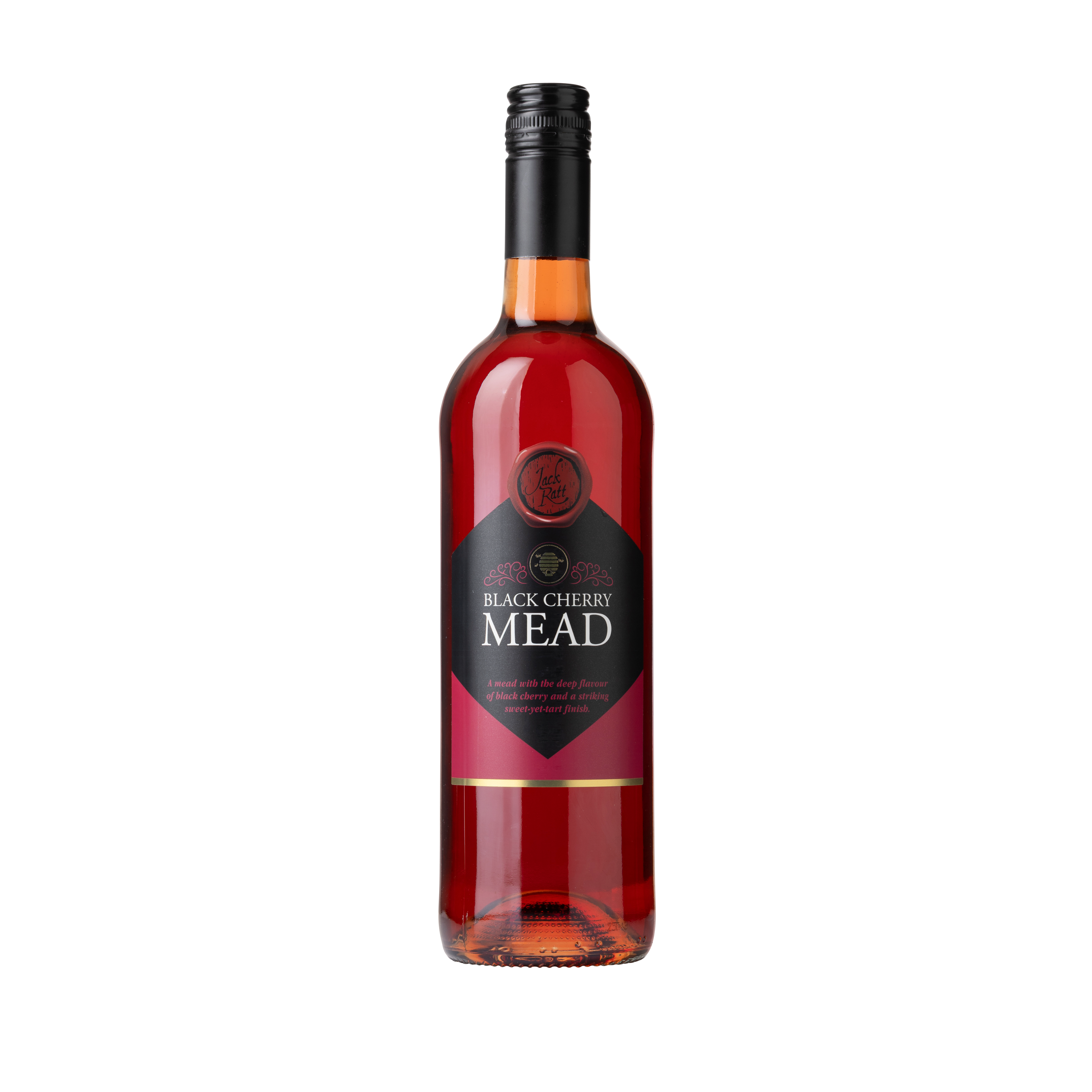 Front of a bottle of Black cherry mead