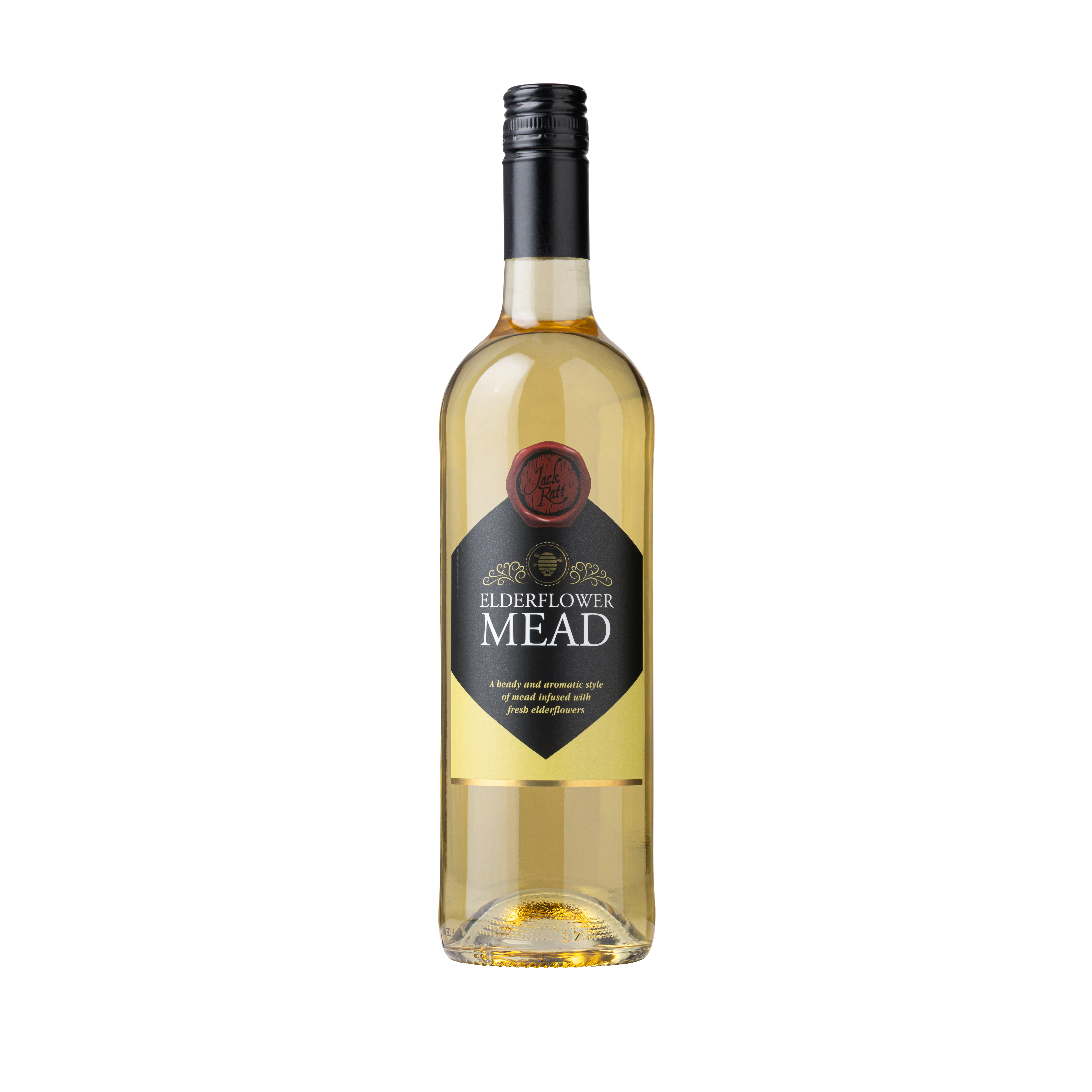 Front of a bottle of elderflower mead